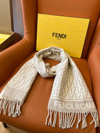 Light-tone geometric-textured knitted scarf, fringed-edge thermal shawl