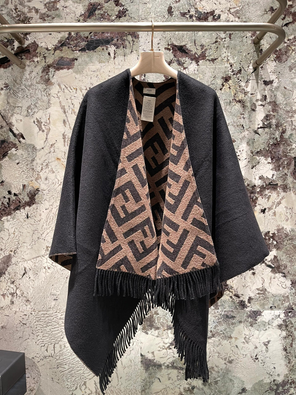 Geometric texture contrasting color knitted shawl, loose fringe warm exterior